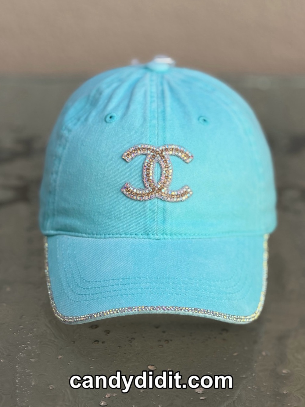 NWT Handmade Aqua Blue Double C Crystal Logo & Brim Ball Cap